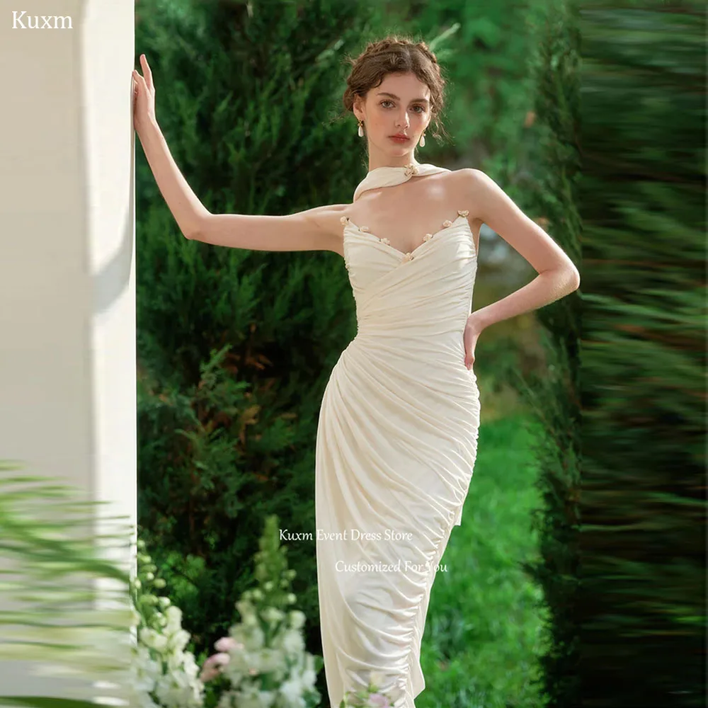 

Kuxm White Sweetheart Mermaid Wedding Dress Sleeveless 3D Flowers Bridal Gown Elegant Backless Ribbon Robe De Mariée Customized