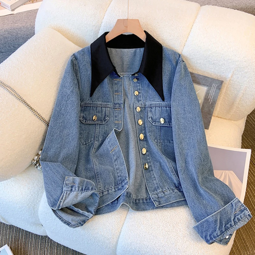 

Korean Style Denim Jacket for Women Ladies High Street Contrast Color Patchwork Turn Down Collar Single Breasted Denim Outerwear