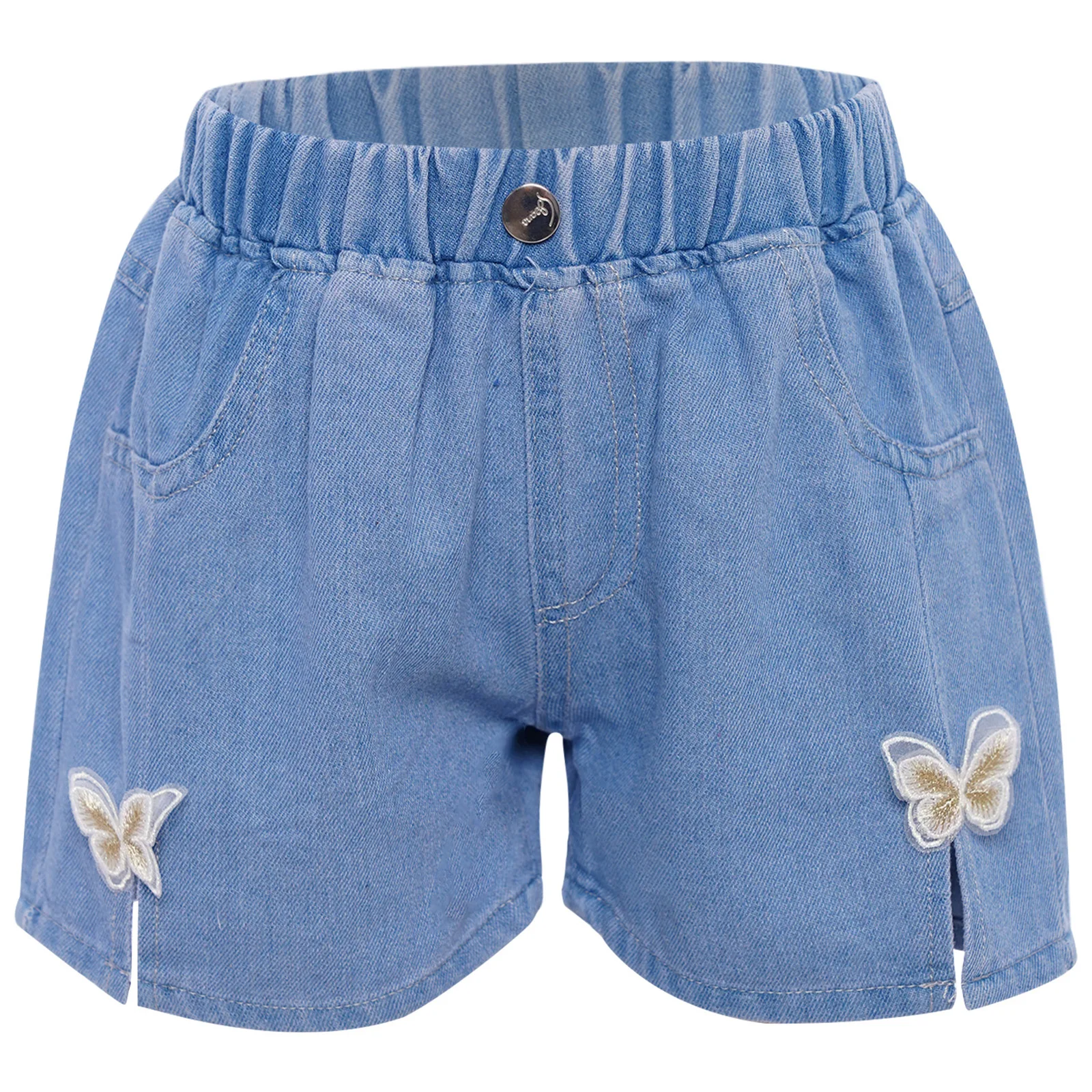 

Kids Girls Denim Shorts Summer Bowknot/Flower/Butterfly Decoration Split Hem Elastic Waistband Shorts for Casual Vacation Beach