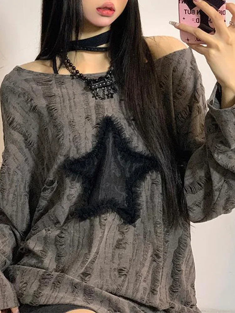 Oversized Vintage Hole Star T-Shirts  Y2K T Shirt Women Harajuku Long Sleeve Tops Ladies Female Punk Graphic Off Shoulder Tees