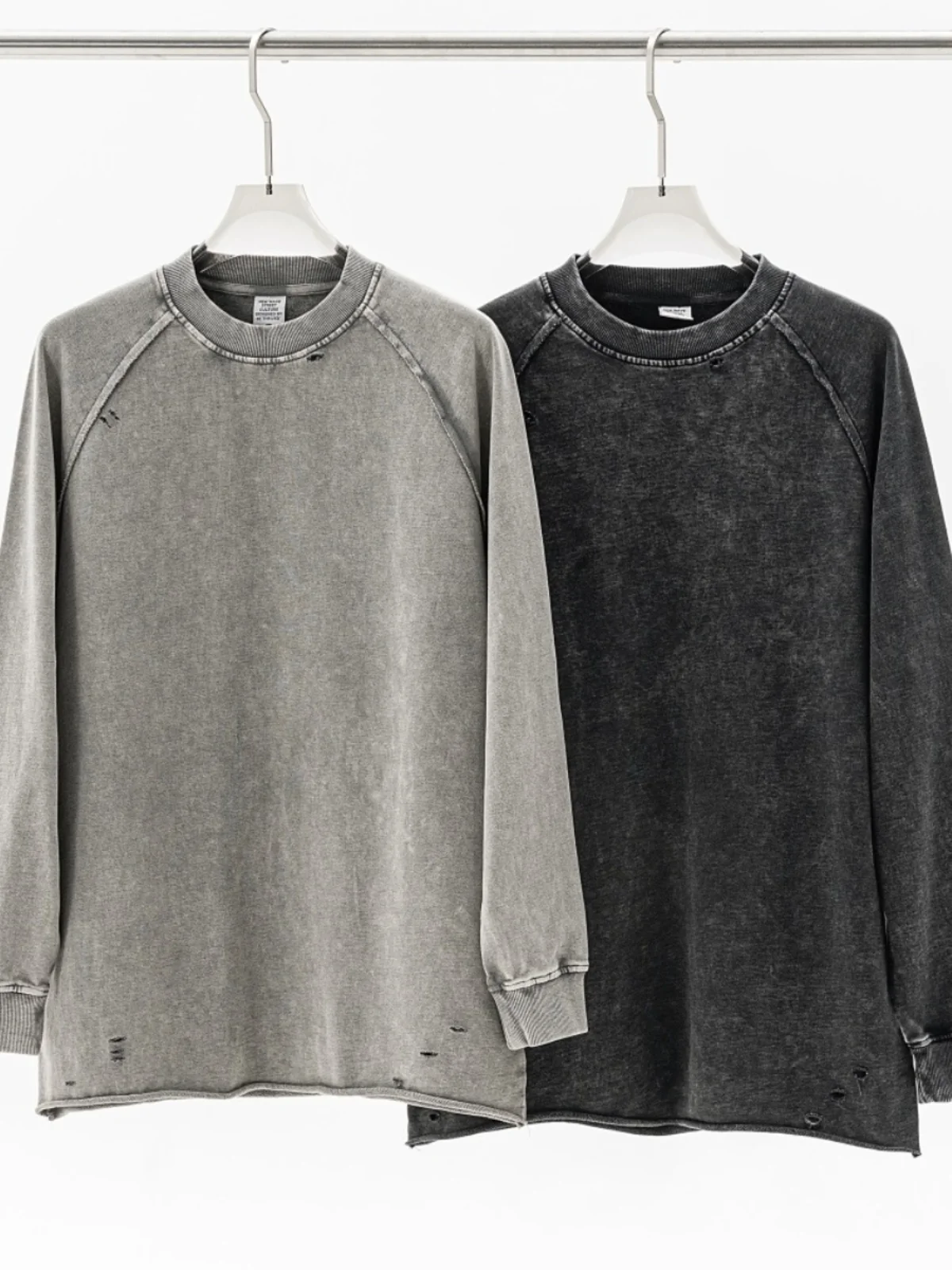 

Washed Pure Cotton Long Sleeve T-Shirt Men's Loose Casual Hoodie Fashionable Brand Fleece Hole Ripped Loose Fit T-Shirt