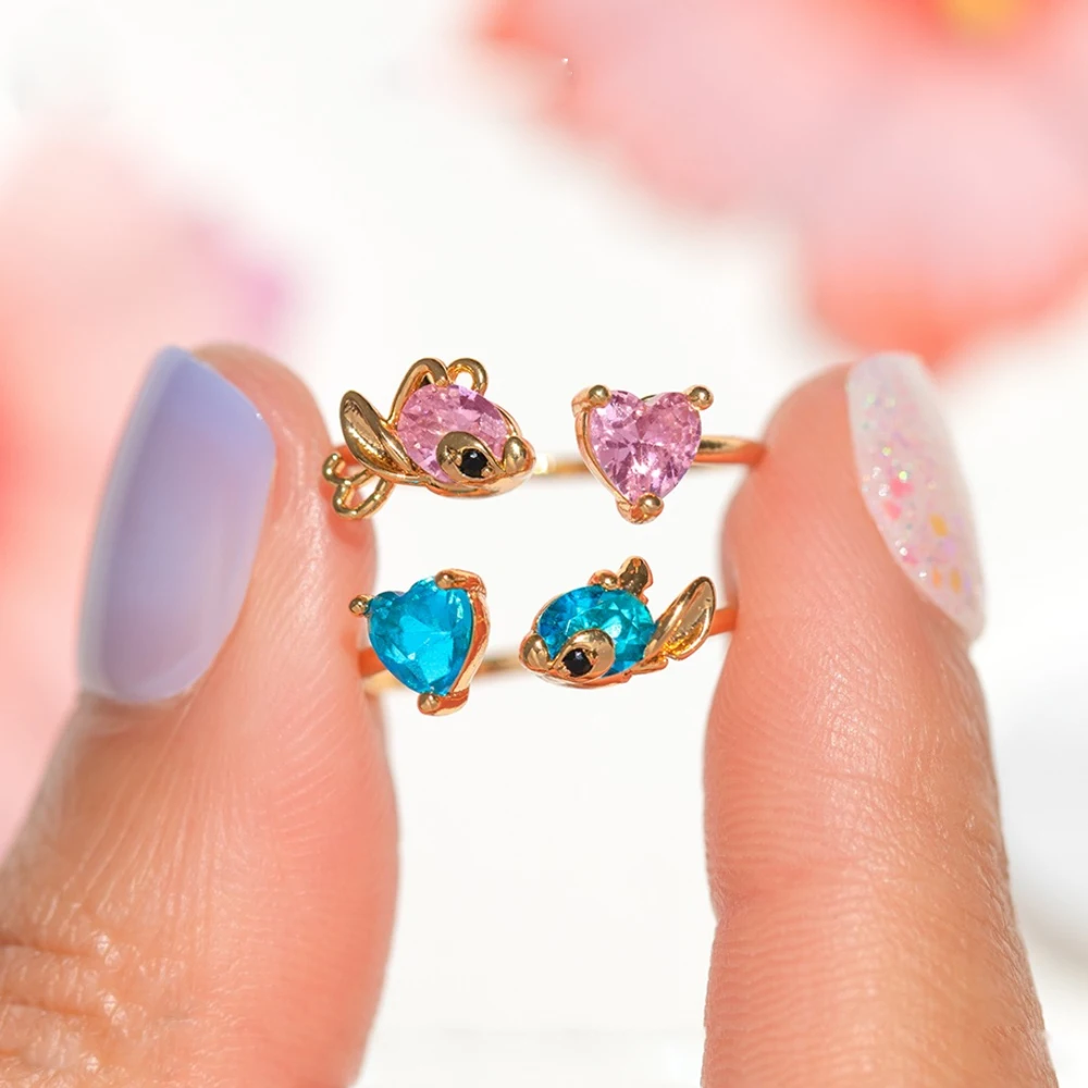 Cute Blue and Pink Zircon Open Fish Ring 18K Gold Plated Adjustable Ring For Women