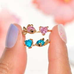 Cute Blue and Pink Zircon Open Fish Ring 18K Gold Plated Adjustable Ring For Women