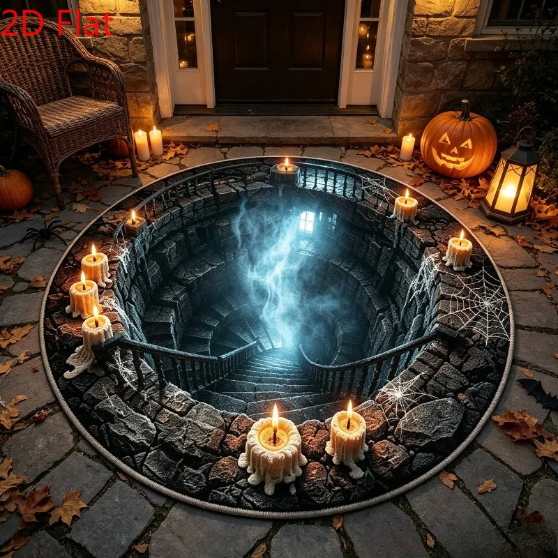 Round Halloween 3D Cave Visual Area Rug, Ghost Pumpkin Maple Leaf Spider Web Print Decorative Home Floor Mat
