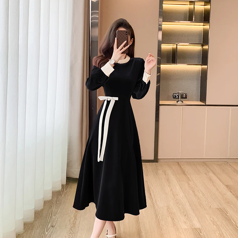 French Fashion Designer Autumn Winter Red Velvet Party Dress Elegant Women Beading Bowknot Stand Collar Velour Slim Midi Vestido