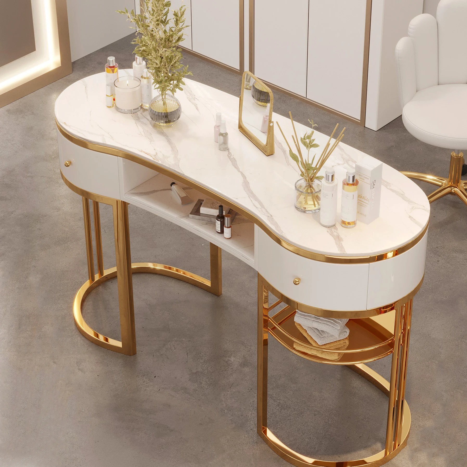 Yoocell Gold Frame Nails Table Salon Manicure Furniture Sintered Stone Table Top Manicure Station Table Design