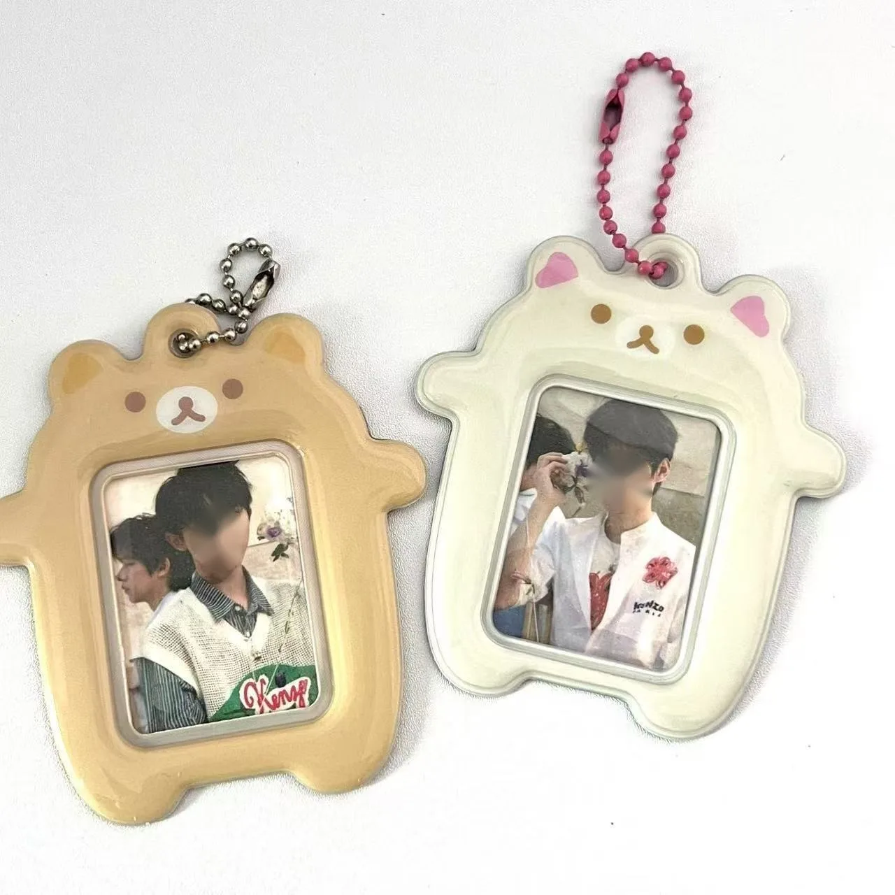 Teddy Bear Photo Frame 2-Inch Protective ID Case with Chain, Wipe-Clean Surface for K-POP Display, DIY Scrapbooking Gift