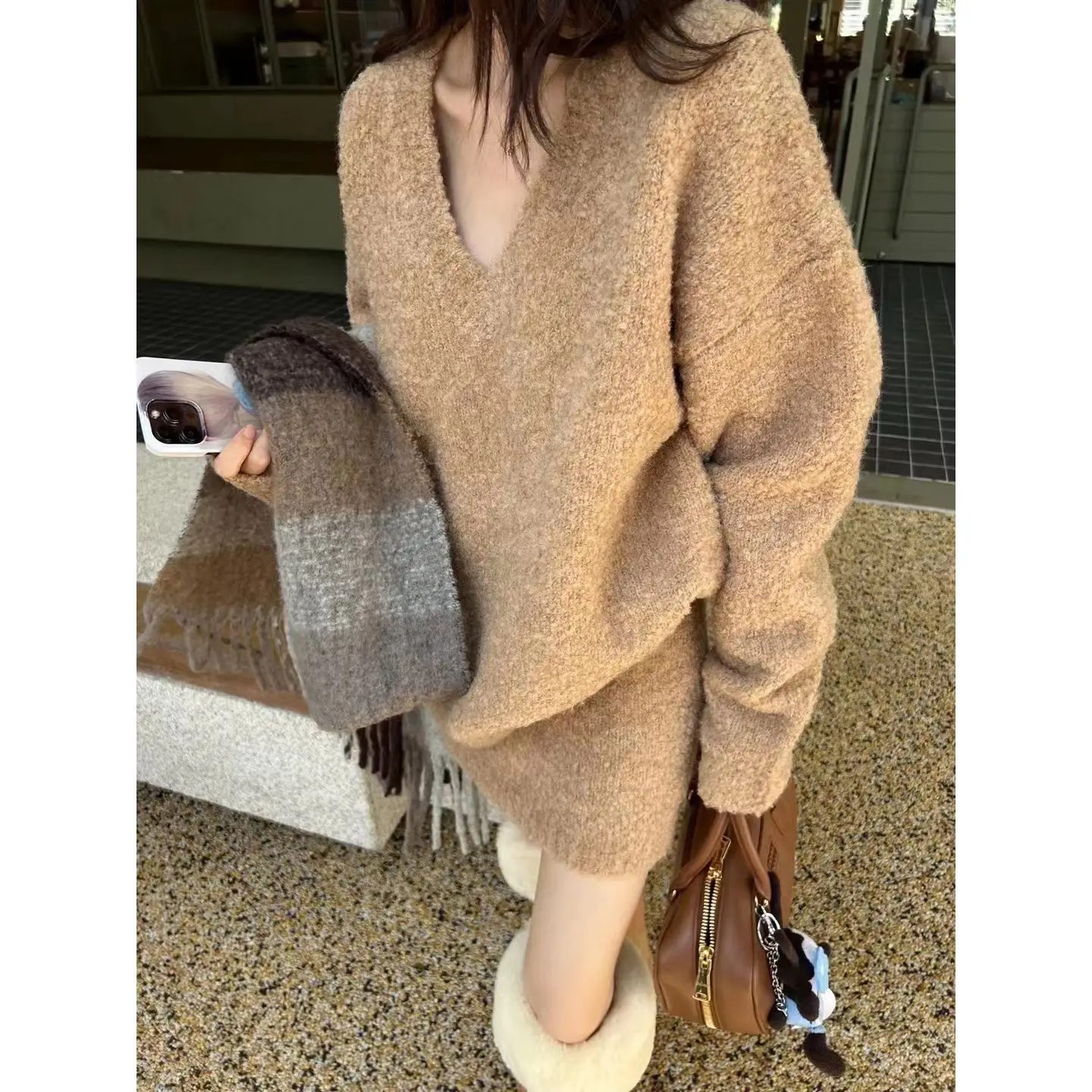 Autumn and Winter with A Complete Set of This Year's Popular Lazy Style Knitted Long-sleeved Sweater Skirt Set