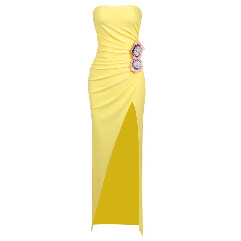 Vestido largo amarillo bordado 3 D, diseño elegante de moda, Top de tubo, novedad de verano 2024