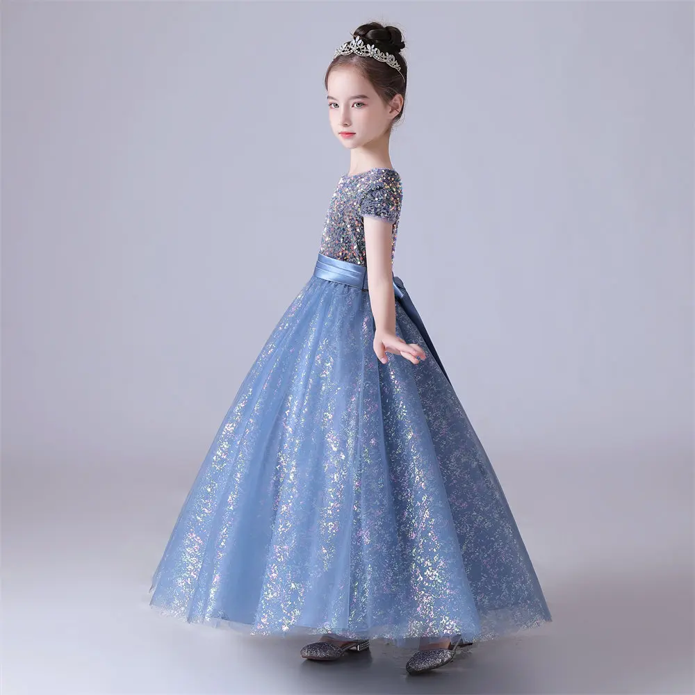 Dideydress-vestido azul para menina, o-pescoço, tule brilhante, arco, lantejoulas, vestidos floridos, aniversário infantil, vestidos de princesa formais