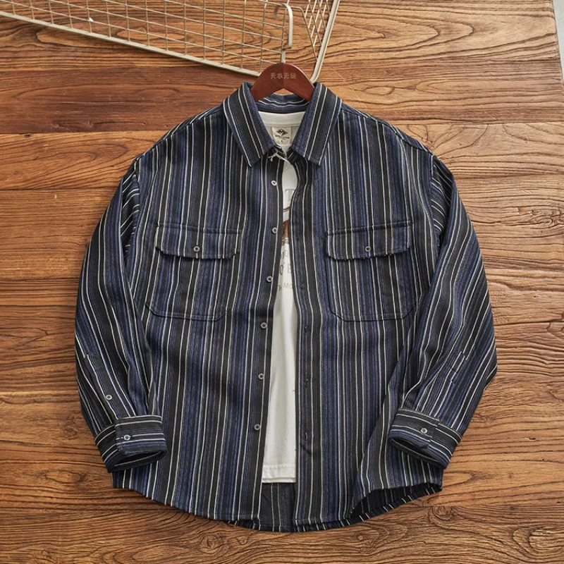 Loose wide lapel long-sleeved shirt for young men vintage Day vertical stripe drop shoulder heavy cargo shirt jacket