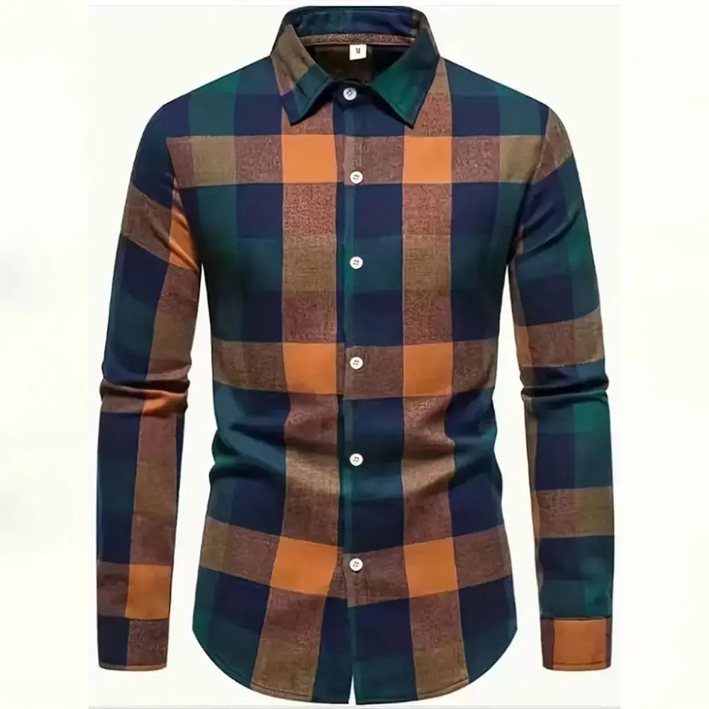 New Retro Checkered Printed Shirts Fashion Minimally Designed Men's Long Sleeve Shirt Men's Casual Loose Collar Button Men's Top