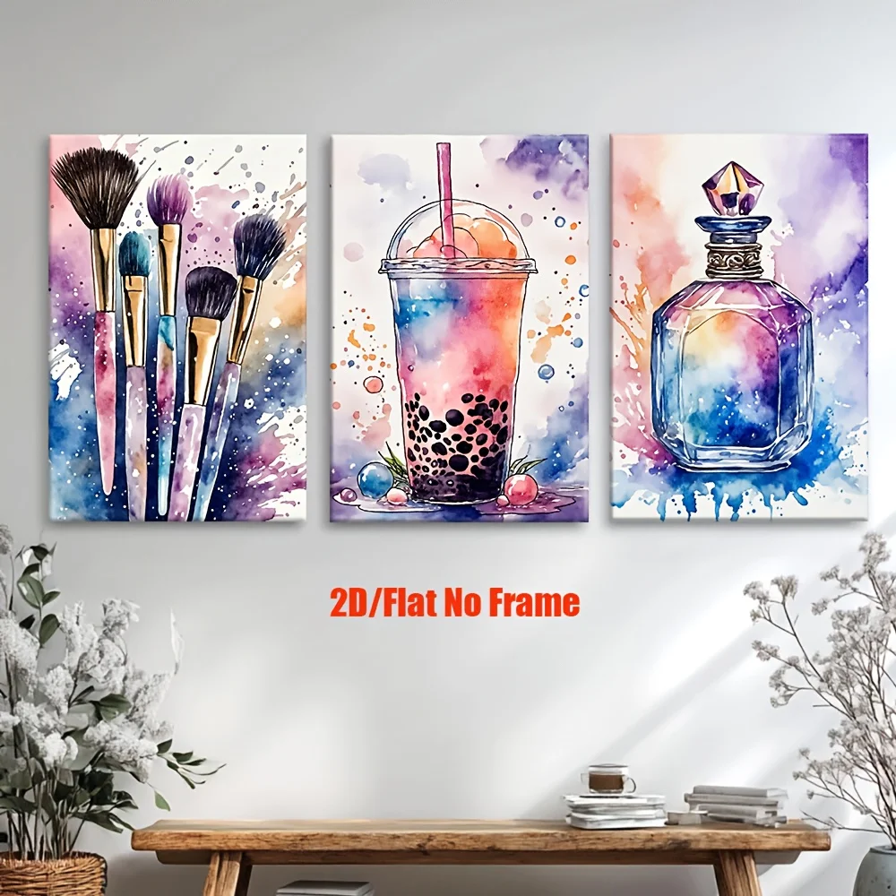 （3PCS NOFrame）-2D Flat, 2D Flat, 3pcs, Canvas Painting--Unframed, Watercolor Painting with Brushes And Paint, Artist Drawing