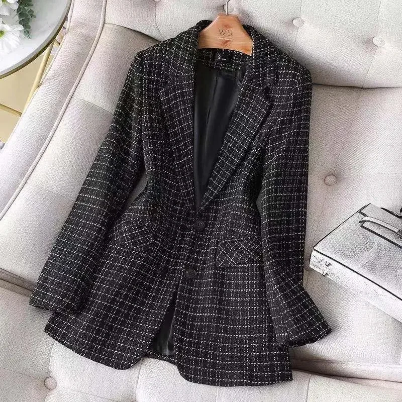 Blazer à carreaux à manches longues pour femmes, veste décontractée, manteau imbibé, tempérament chic, classique, élégant, bureau, mode, nouveau,