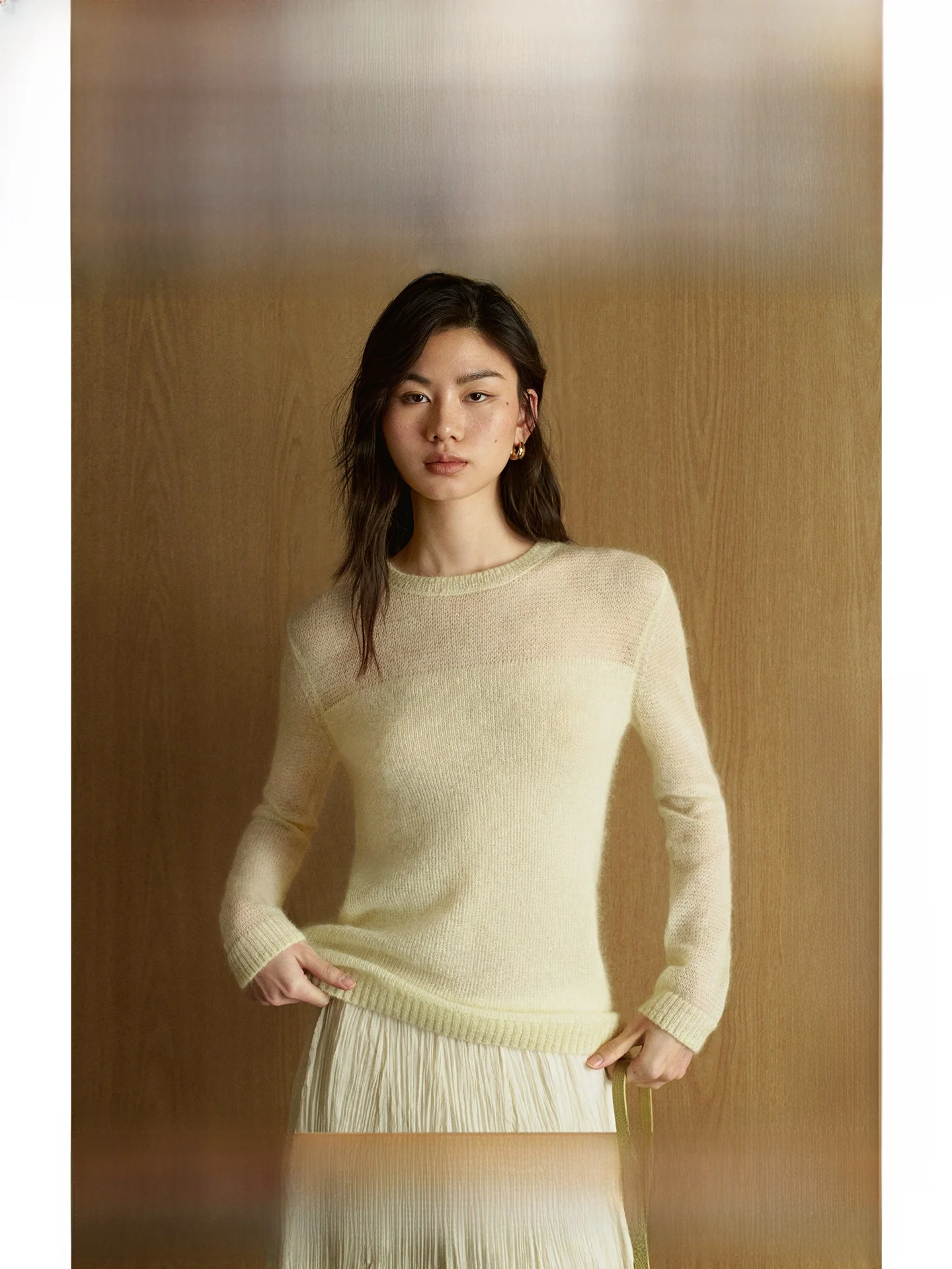 

ZhiZhi Fairy Sle Knitted Sweater Simple round Ne Pullover Transparent Mohair Spring New Arrival Ladies Faion Commute
