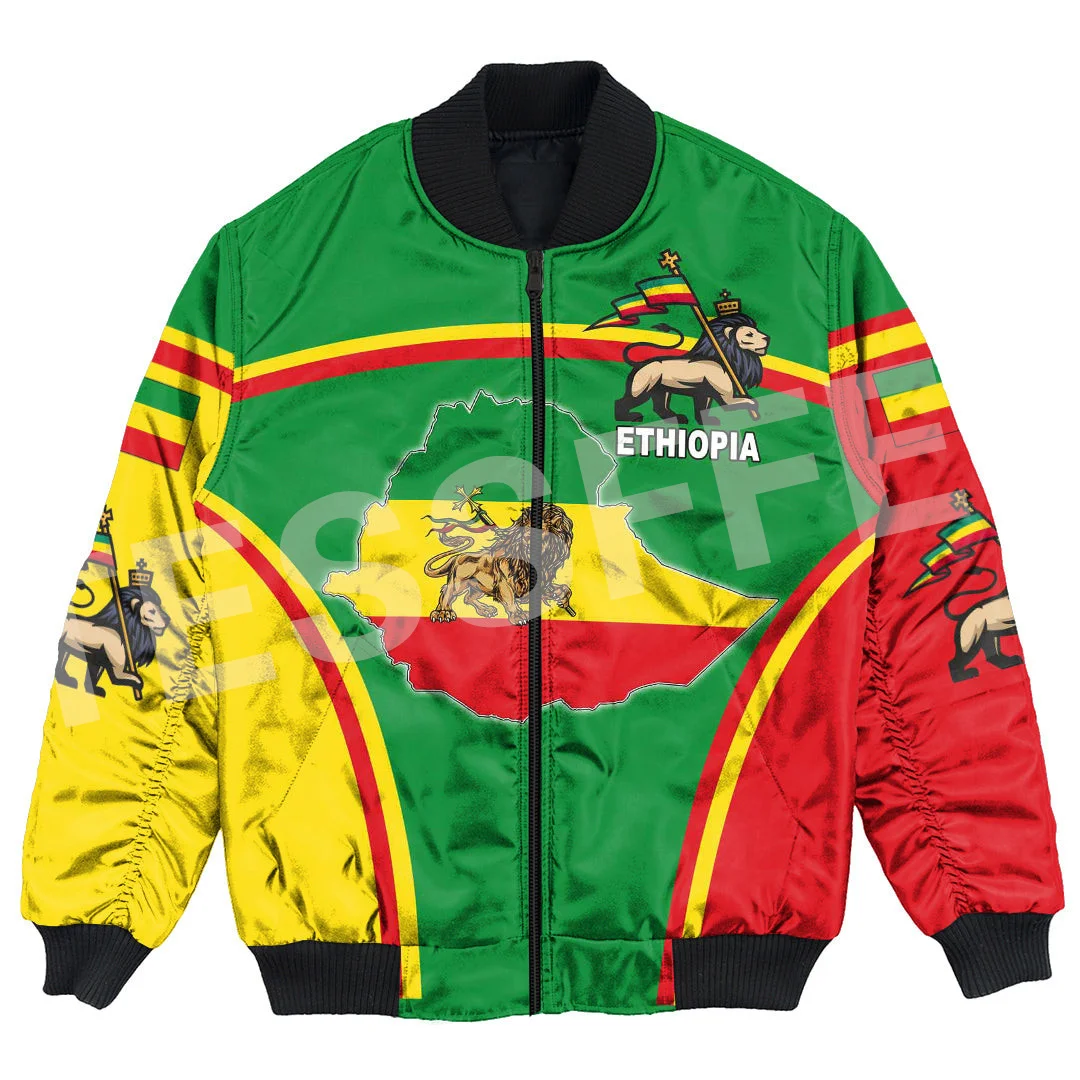Ethiopia County Flag Kente Reggae Africa Tribe Lion Retro 3DPrint Unisex Harajuku Winter Coat Casual Windbreaker Bomber Jacket X