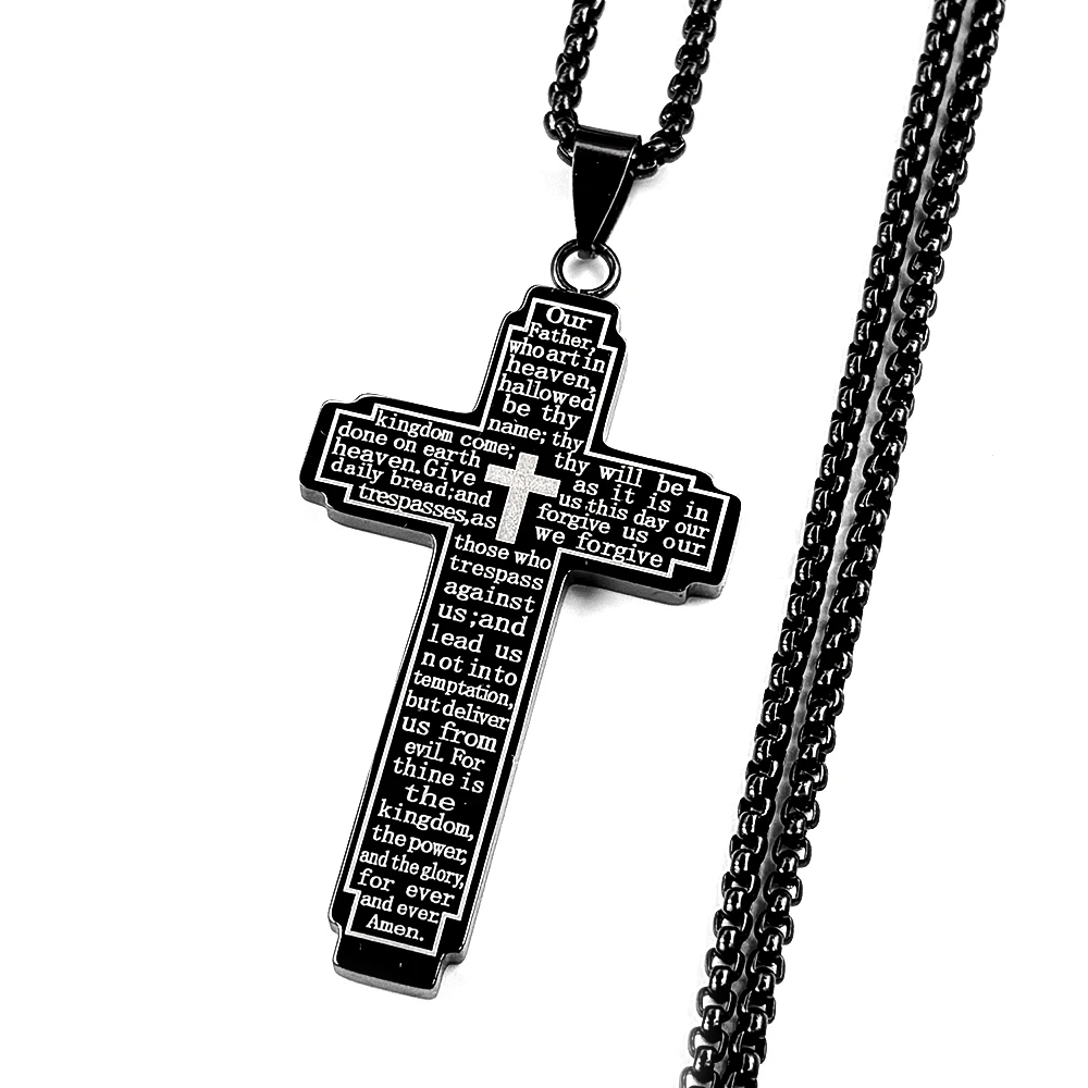 Christliche Bibel-Kreuzkette Halskette aus Edelstahl mit großem Anhänger, religiöser Gebetsschmuck für Männer, Corrente Masculina – Detail 7