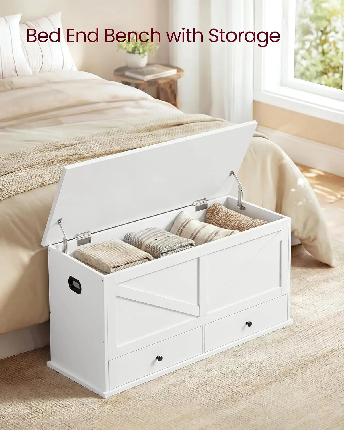 Farmhouse Storage Chest With Drawers, Wooden Entryway Bench, Flip Top Trunk Organizer, Rustic Shoe Bench With Hinged Lid, End Of Bed Cabinet, Multipurpose Storage Box, Cloud White, 1 Piece view 3