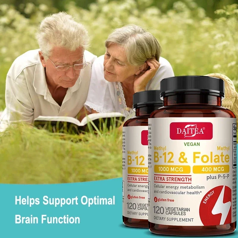 Vitamin B-12 & Folic Acid - Brain, Muscles, Energy Metabolism, Healthy Nervous System, Maximum Strength Daily B12 Supplement