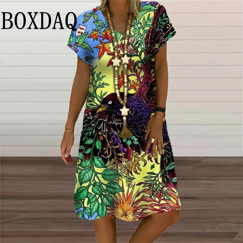 

Painting Eagle Print Dress Summer Retro Plant Flowers Loose Plus Size Dresses Women Pullover Short Sleeve V-Neck Female Sundress