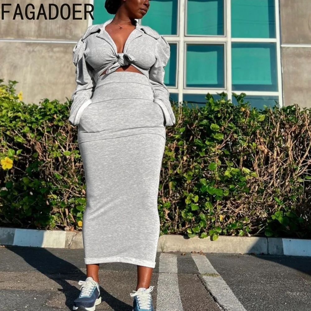 FAGADOER Fashion Streetwear Women Solid Color Stacked Long Sleeve Crop Top And Skinny Skirts Two Piece Sets Casual 2pcs Outfits