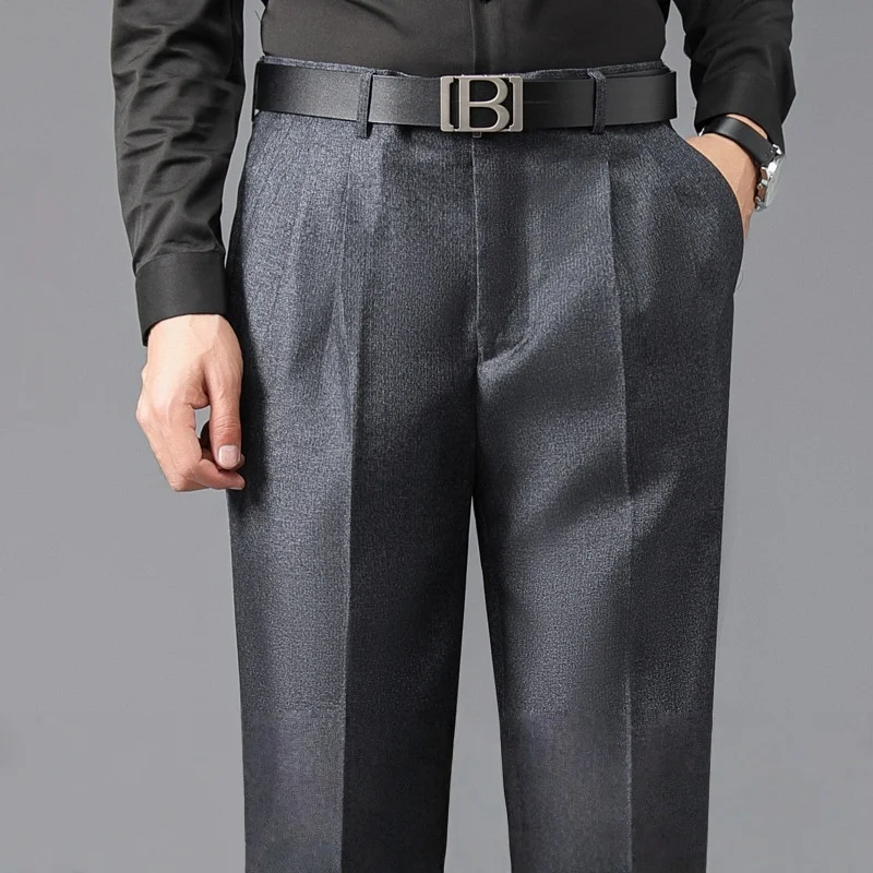 

High Waist Suit Pants Men Autumn Thicken Double Pleated Straight Loose Formal Men Trousers High Quality Black Size 29-42 44 46