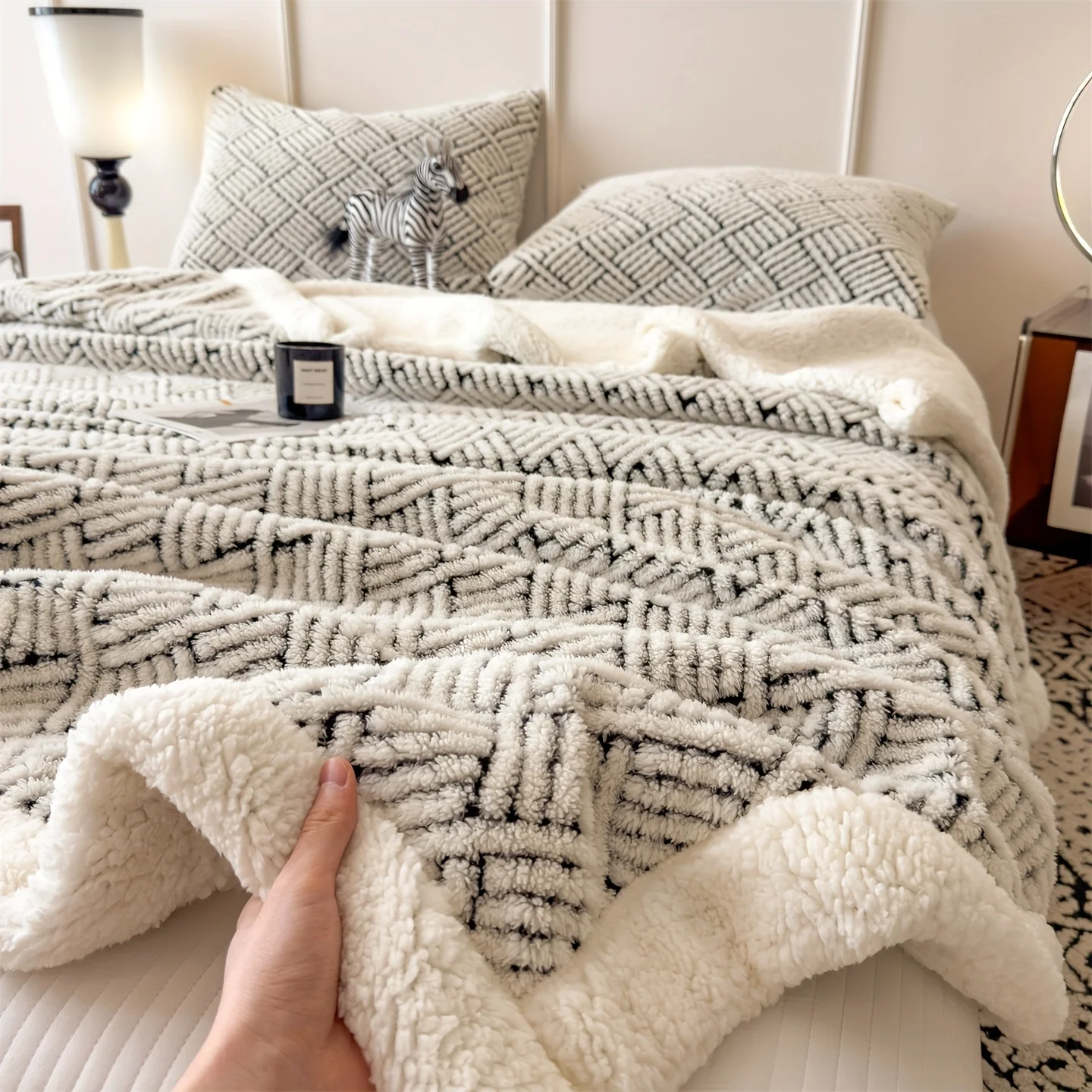 All-Season Reversible Plush Blanket Milk Velvet Throw Soft Warm Comfortable Suitable Sofa Bed Office Travel Multifunctional Gift