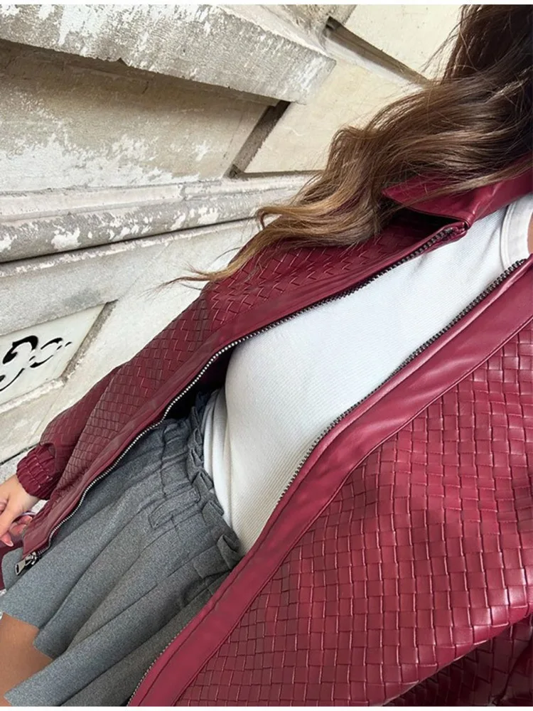 LGRQ 2025 new spring fashion women clothes PU, leather jacket zippers coat , wine red top tide WQ1015003L