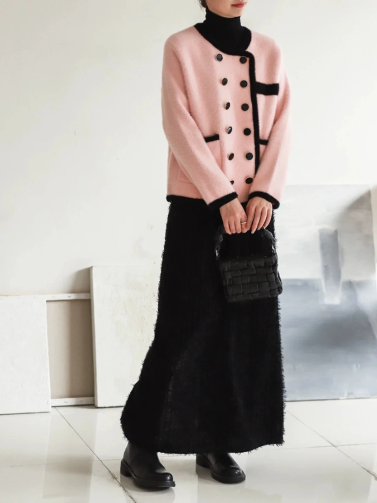 

Phil Dan Gentle Fraance Long Sve Sweater Double Buttoned Mid-Length Autumn Winter Mink Fur 7006 Women's Sweet Sle Card...