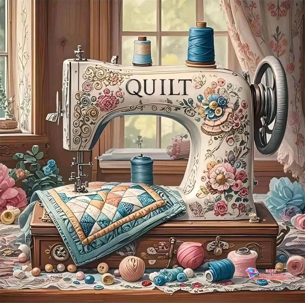 Vintage Blumenmuster Nähmaschine mit Quilt 5D DIY Diamantmalerei-Set mit quadratischen und runden Diamanten Handgemachte Bastelgeschenke.