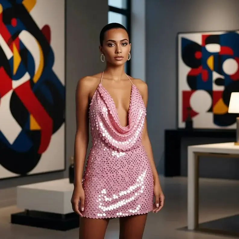 Новое мини-платье с пайетками и v-образным вырезом, вечернее платье с открытой спиной для женщин, летняя вечерняя клубная одежда, блестящее коктейльное платье, сексуальное персиково-розовое мини-платье