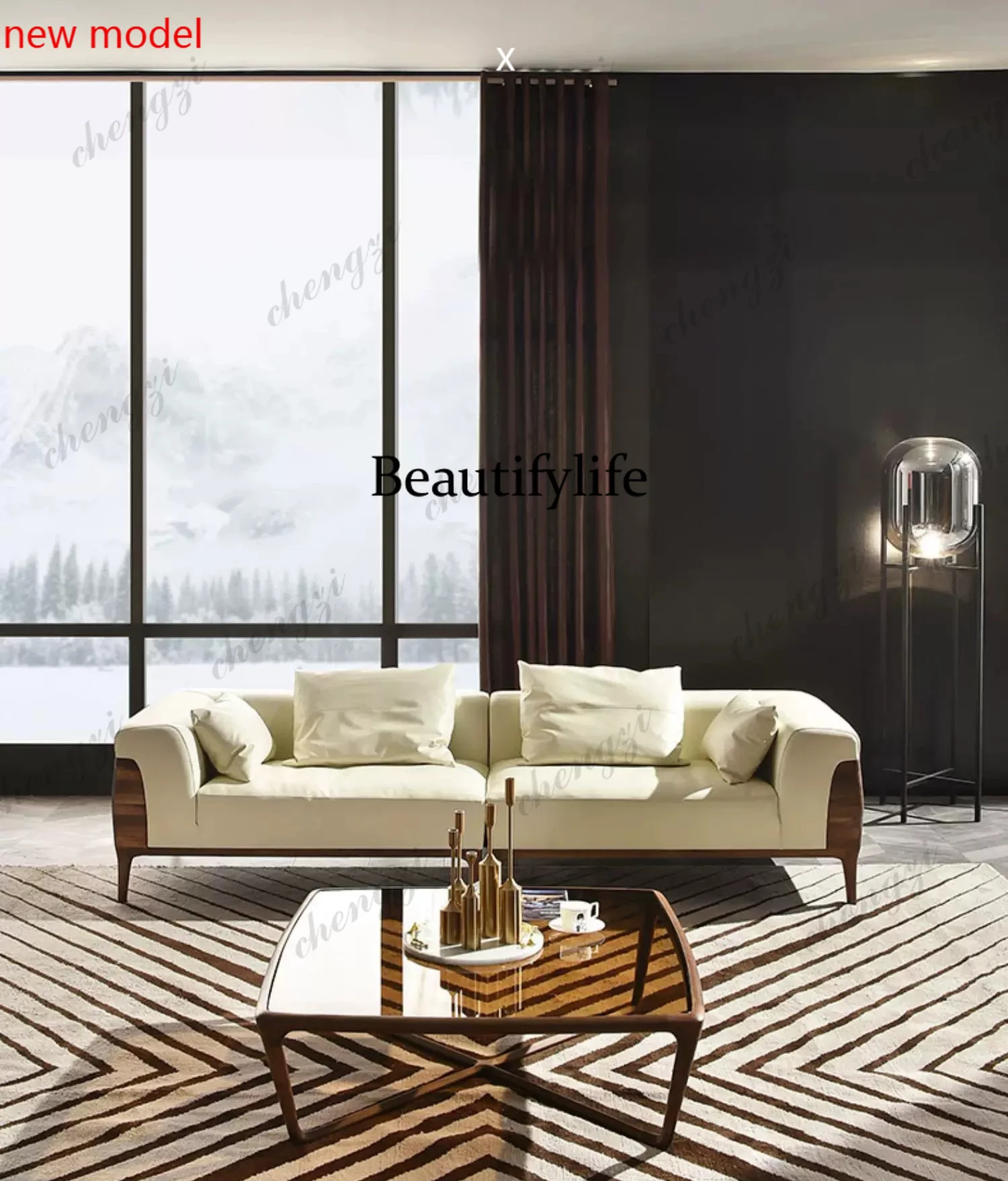 DD182Italian light luxury leather straight row sofa, minimalist solid wood living room sofa