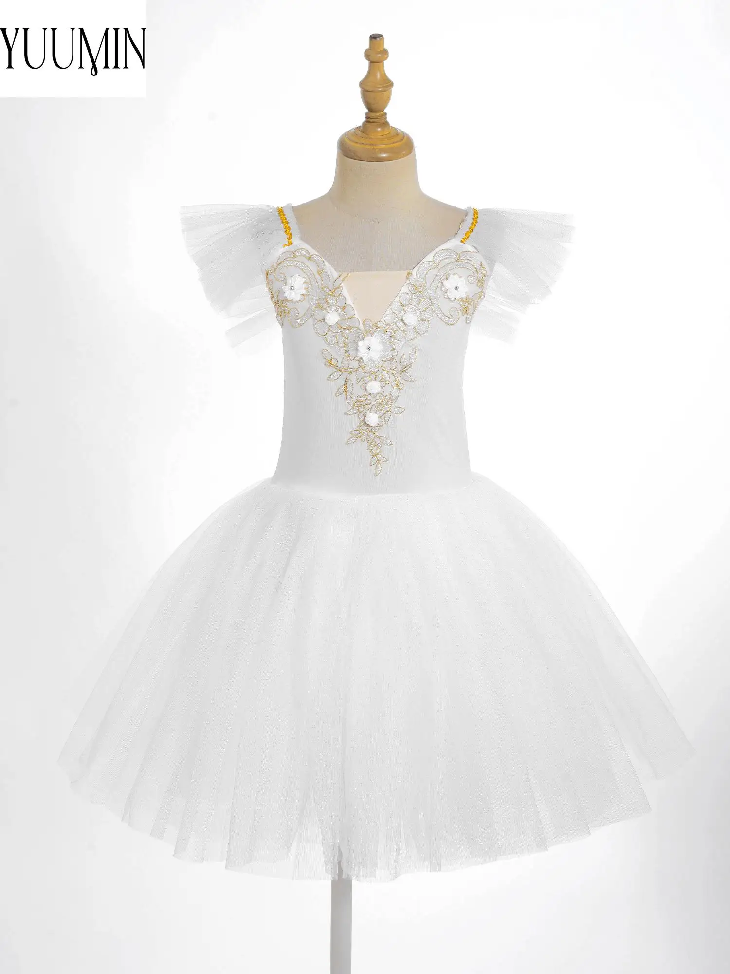 Vestido de Ballet para niñas, tirantes de hombro finos ajustables, encaje decorado con flores, tutú de malla, baile de rendimiento con tocado