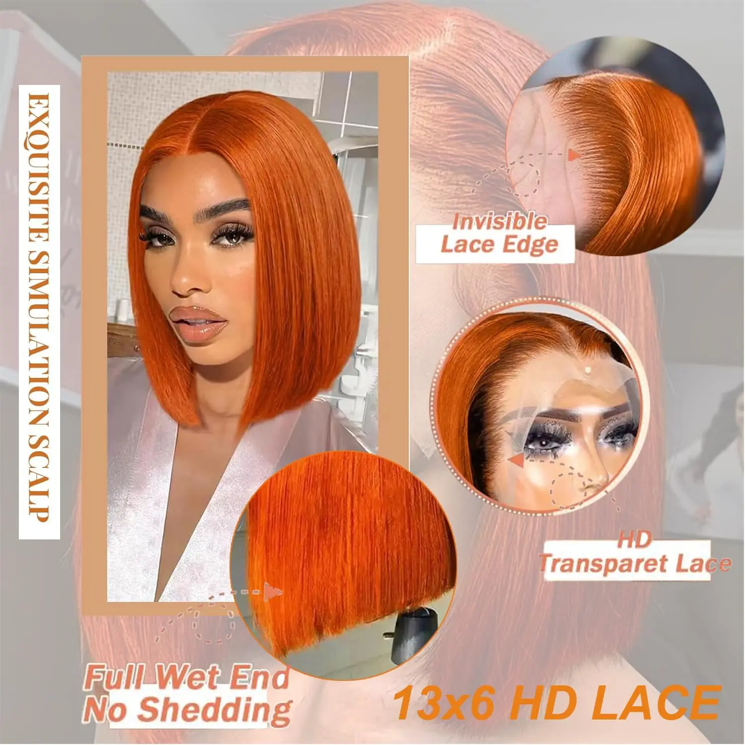 10 Inch Ginger Orange Straight Bob 13x6 HD Lace Front Wig Human Hair 180 Density Short Bob Wigs Pre Plucked Natural Hairline Wig