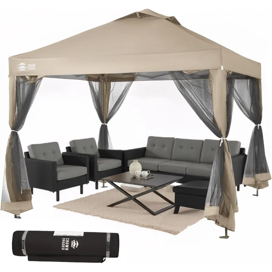 10x10 Pop Up Canopy with Mosquito Netting Screen Tent for Patio and Backyard Use Includes 4 Ropes 8 Stakes 4 Sandbags Wheeled S