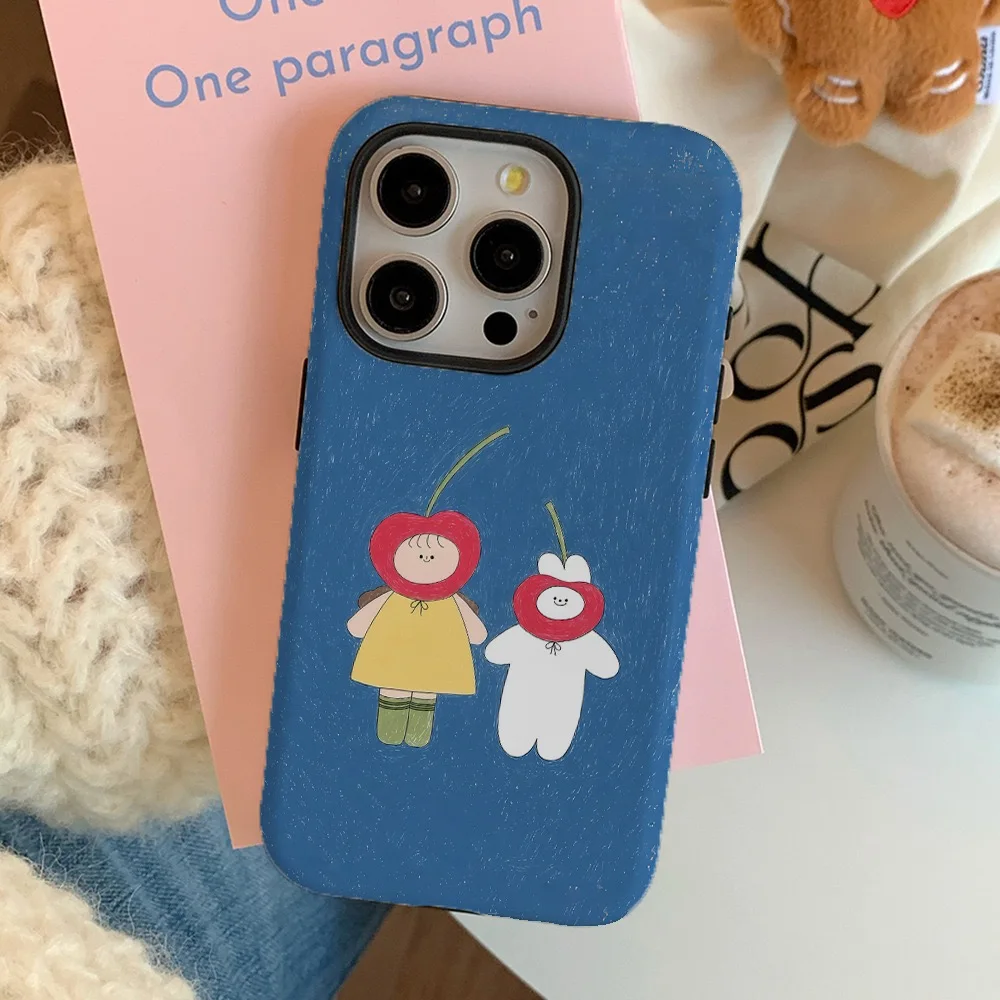 Ins Korean Blue Cherry Girl Cartoon Case for IPhone 16 15 14 13 Pro Max 12 Mini 11 Pro Plus Shockproof Protective Hard PC Cover