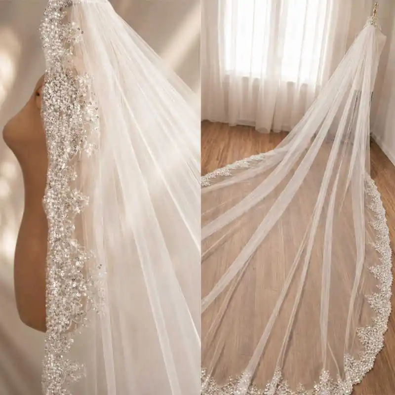 Luxury Bridal Veil Heavy Beaded Rhinestone Lace Headpiece Wedding Accessory For Church Ceremony Bridal Portrait Customized