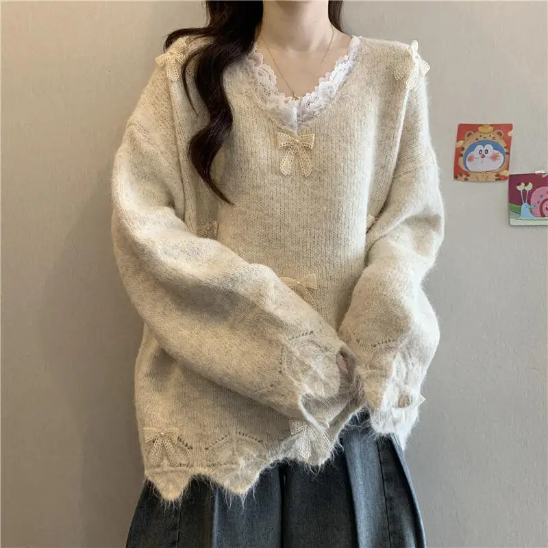 

V-Neck Sweater Winter Woman Lace Trim Bow Tops New Lazy Unique Niche Good-Looking Versatile Pullover Fashion Keep Warm Knitwear