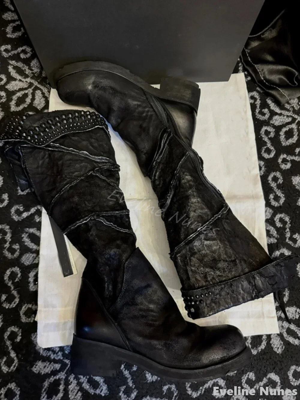 Black Matte Rivet Knight Boots Women Round Toe Turned-over Edge Slip On Hotties Long Boots 2025 Spring Autumn Fashion Boots