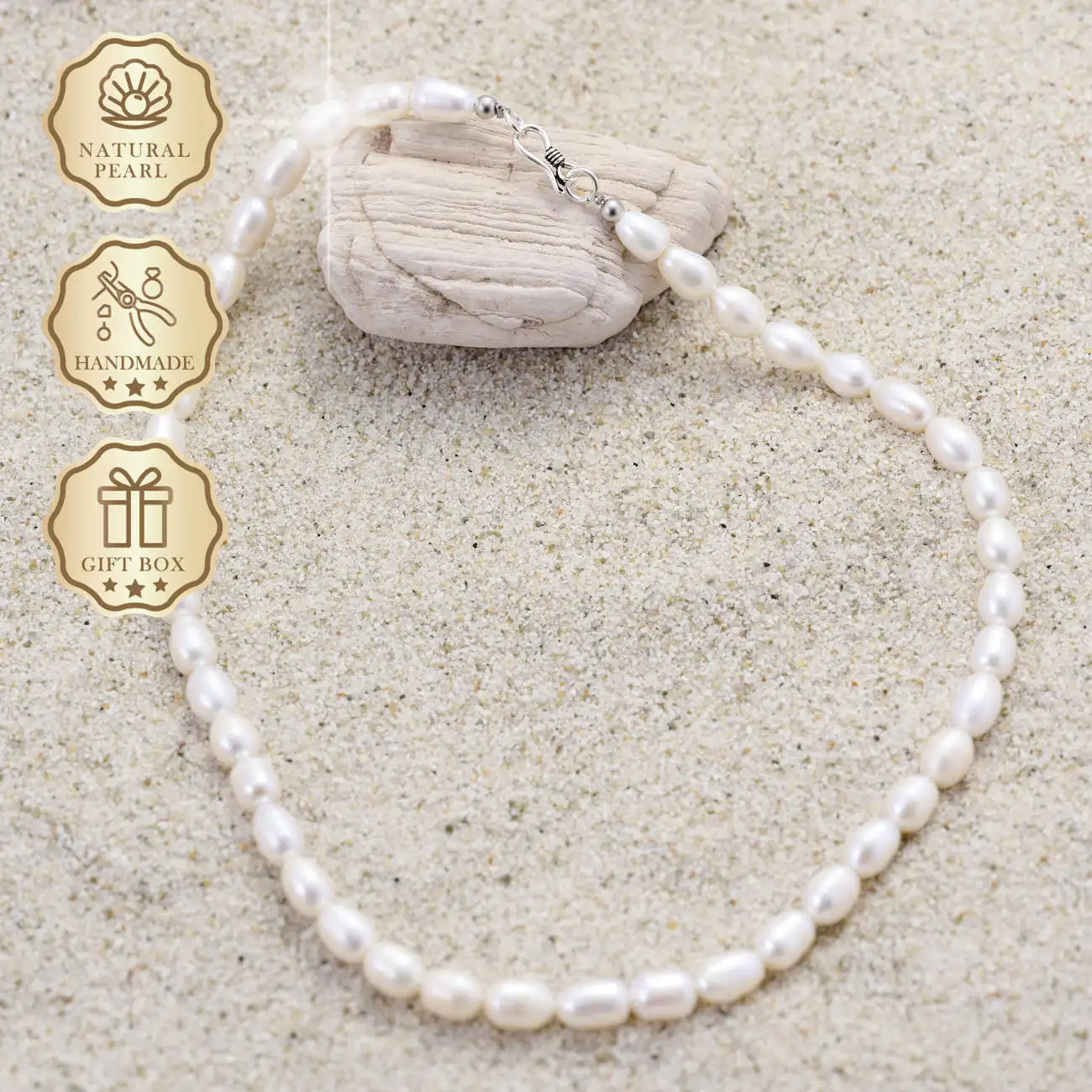 MYSOYA عقد من لؤلؤ المياه العذبة من الأرز الأبيض مقاس 7-8 مم مع مشبك خطاف فضي وصندوق هدايا وهدية عيد الميلاد والذكرى السنوية #1