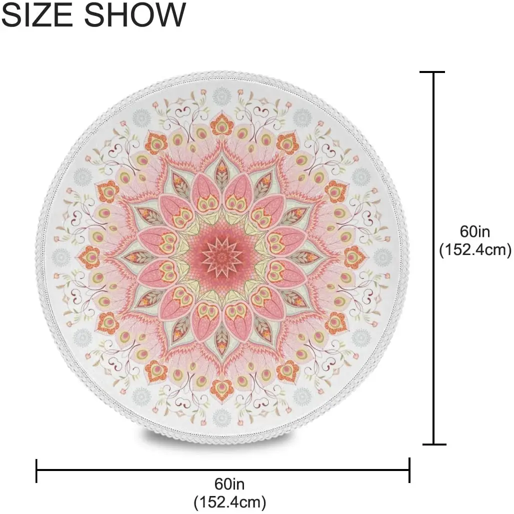 Indian Floral Peacock Feathers and Paisley Round  Dinner Table Cloth Traditional Mandala Polyester White Lace Tablecloth 60 Inch