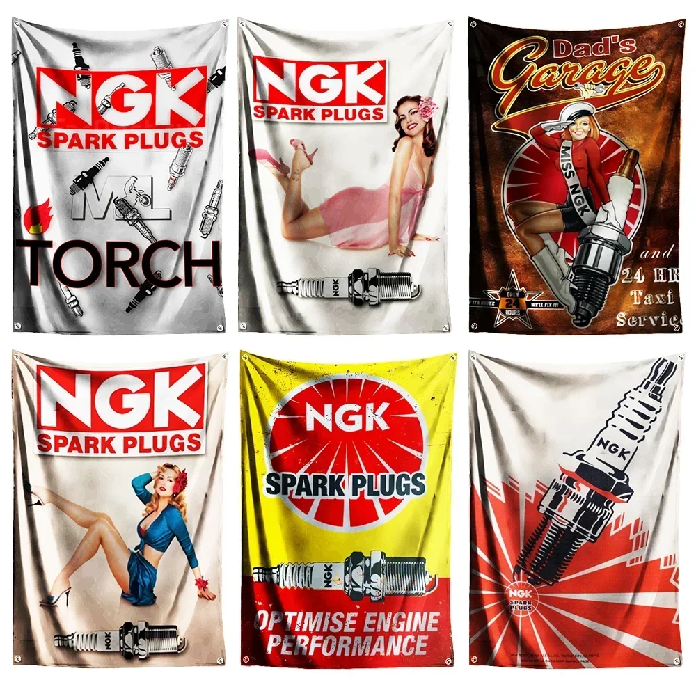 3x5 футов Свечи зажигания NGK Баннер Флаг Плакат Настенный художественный декор AD Винтаж Моторные гонки Сексуальная леди Гараж Знак Человек Пещера Гараж Паб Клуб
