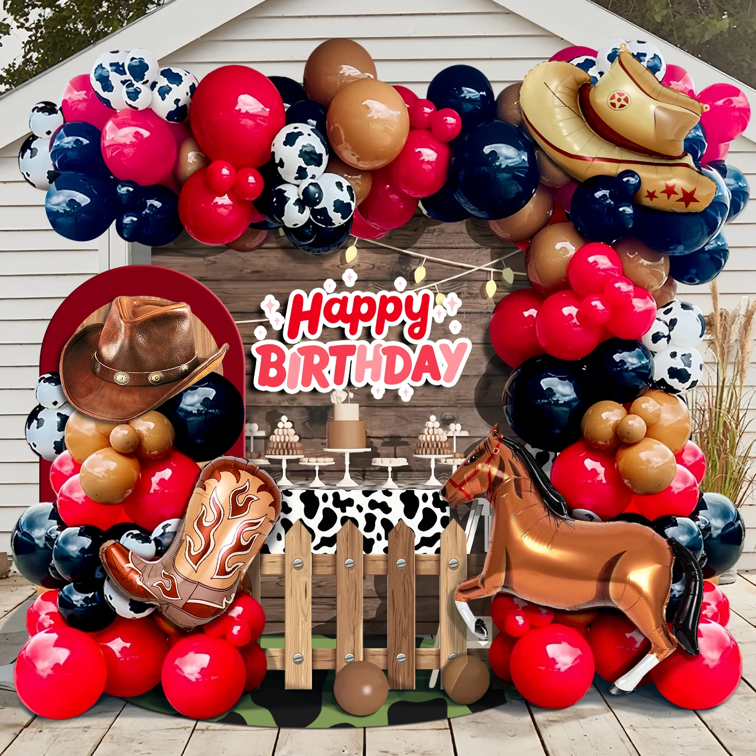 105-teiliges Ballonbogen-Set in Braun, Schwarz und Rot mit Stiefeln, Cowboyhut-Ballons und Braunen Pferde-Ballons für Western-Cowboy-Themengeburtstage