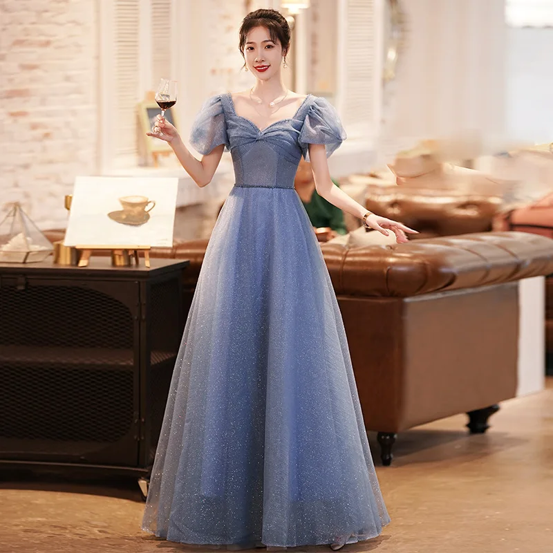 

F2139 Sparkly Shiny Glittery Blue Evening Dresses Princess Fairy Bubble Sleeve Formal Gowns Art Banquet Wedding Party Dress Long