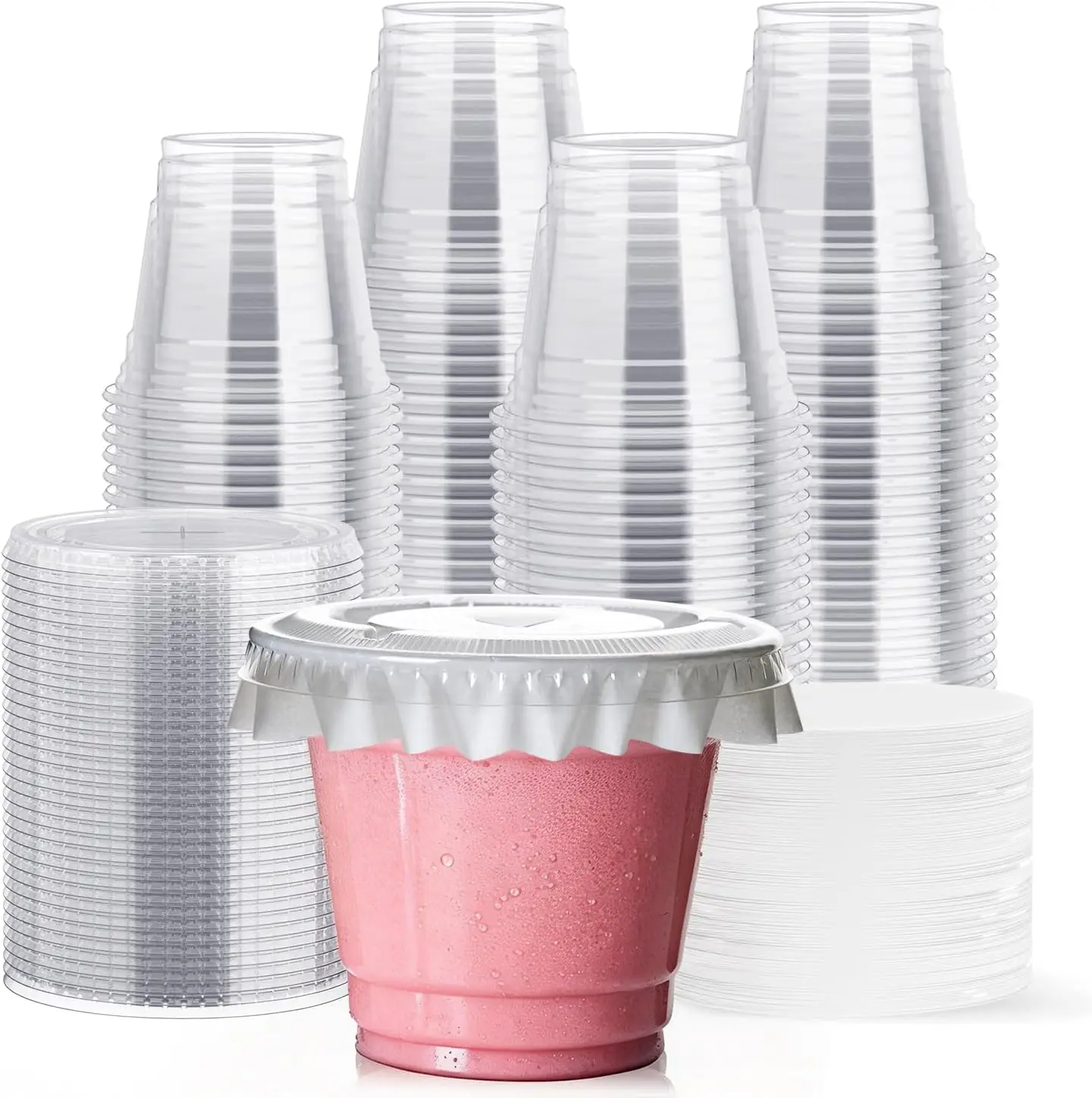 

200 Sets 9 oz Clear Plastic Cups with Flat Lids, and Paper Lid Liners, 9 Ounce Plastic Cups with Flat Lids for Parfait,