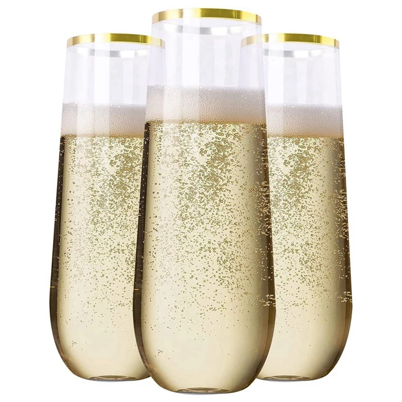 24 Pieces Stemless Plastic Champagne Flutes, 9Oz Gold Rim Plastic Champagne Glasses, Clear Plastic Toasting Glasses