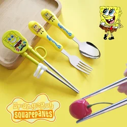 SpongeBob Chopsticks Training Fork Spoon Kids Anime Stainless Steel Cutlery Cartoon Portable Chinese Sticks Learner Tableware