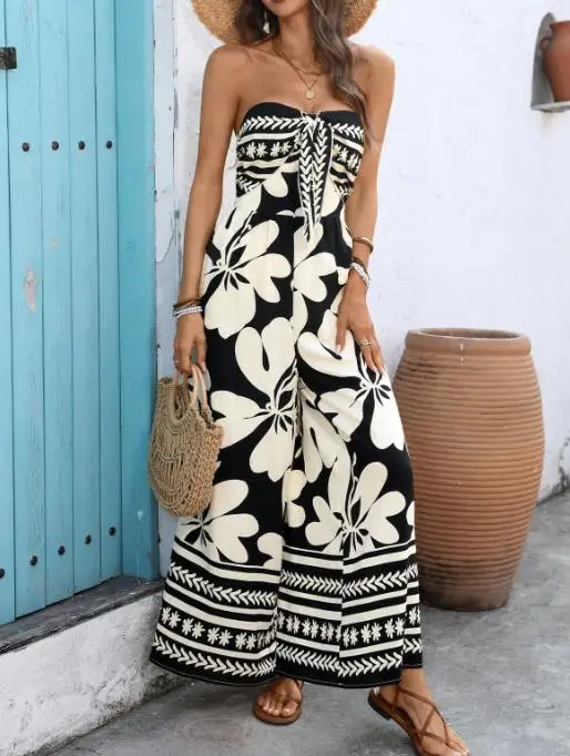 Jumpsuit Women 2026 Spring Summer New Fashion Printed Strapless Sleeveless High Waist Causual Vacation Wide Leg Jumpsuit