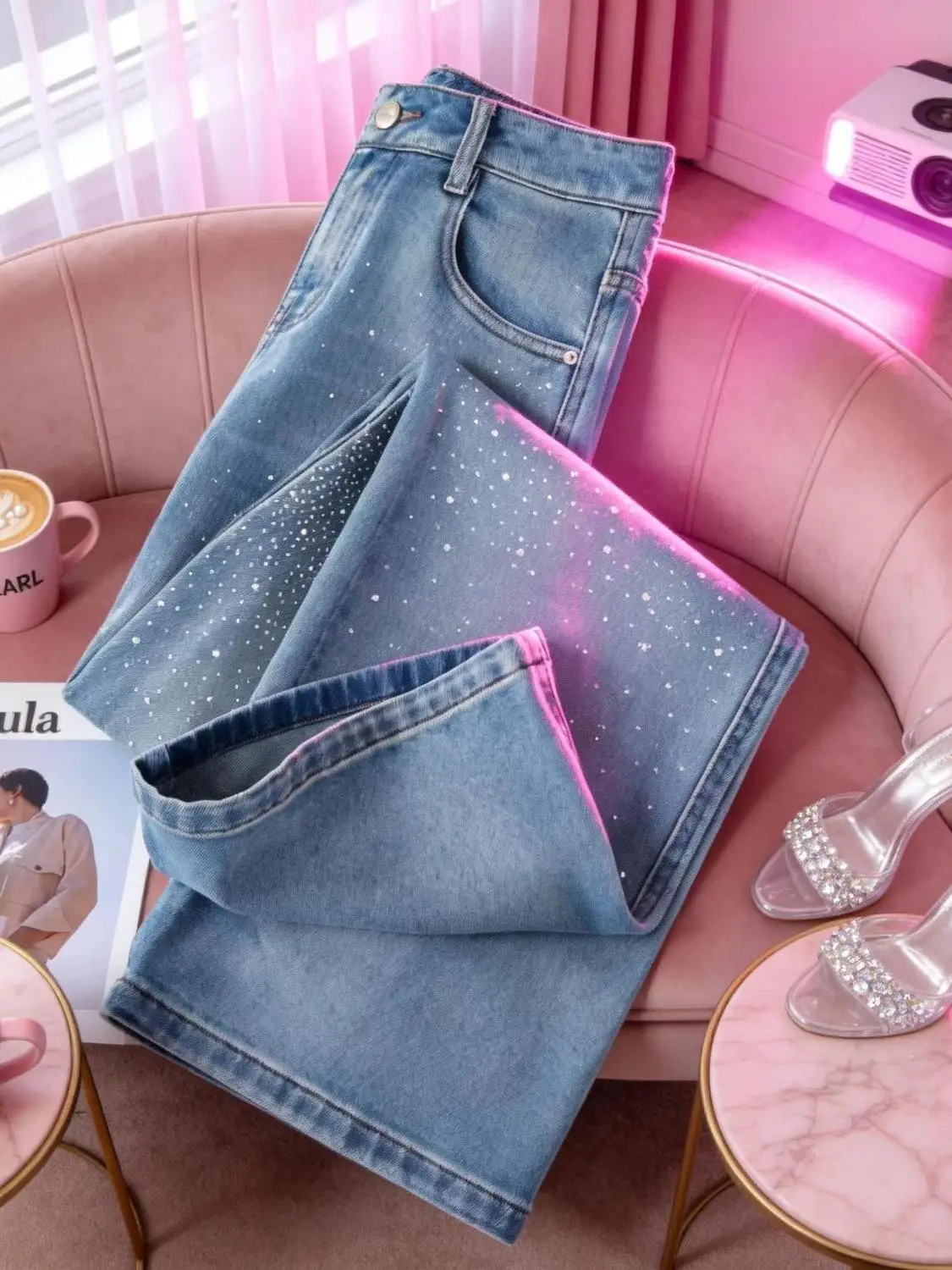 

New Trendy High Waist Wide Leg Jeans Women's Spring Fashion High Waist Versatile Light Blue Rhinestone Embellished Denim Pants