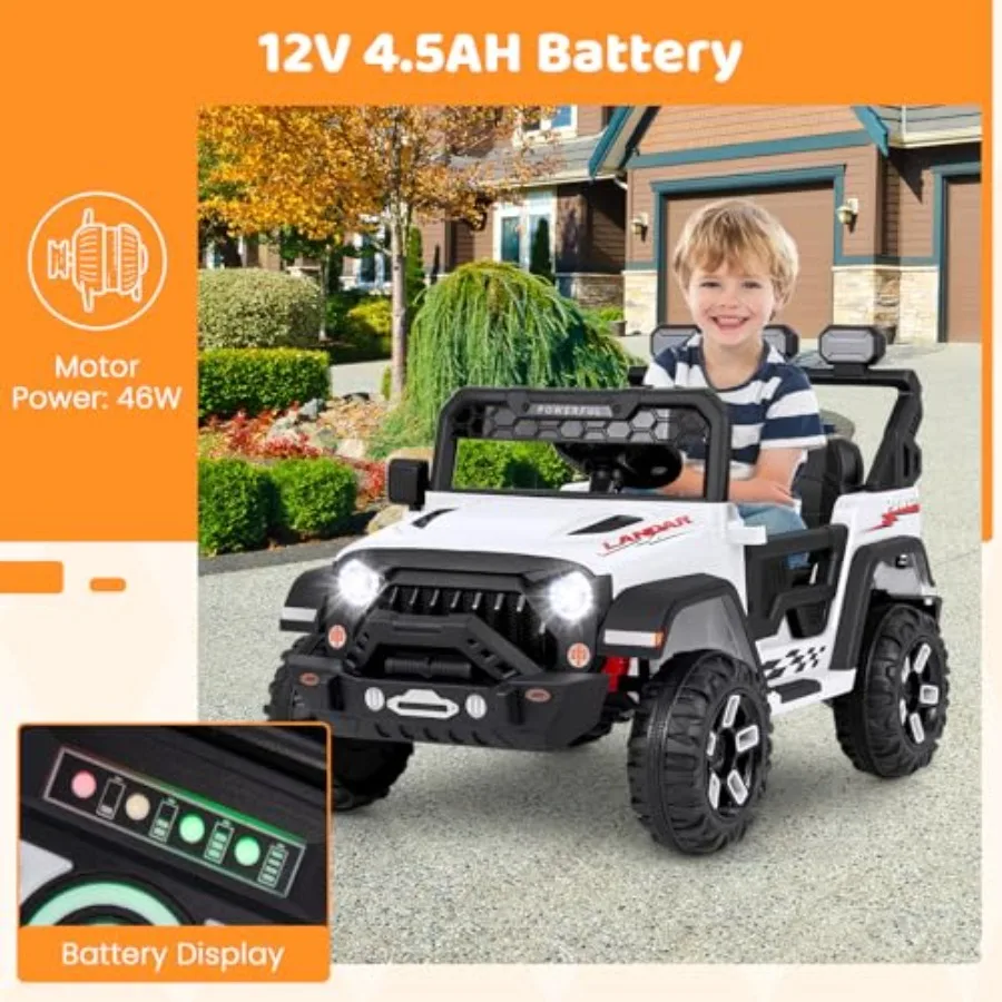 รถบรรทุกเด็กนั่งขับ 12V รถยนต์ไฟฟ้าสำหรับเด็กพร้อมรีโมทคอนโทรล 3 ระดับความเร็วและระบบกันสะเทือนแบบสปริง เชื่อมต่อไร้สาย ไฟ USB เพลง แสงไฟ